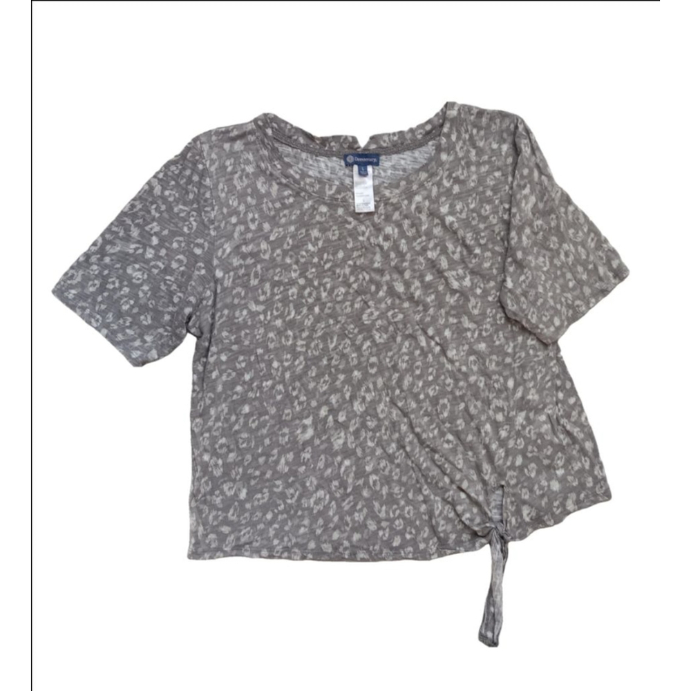 Women's Democracy Top Size L Gray Animal Print Tie Front